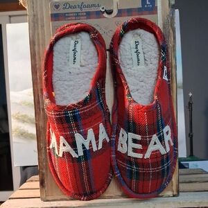 dearfoams Red Plaid 'Mama Bear' Kids Slip-On Slippers, Large